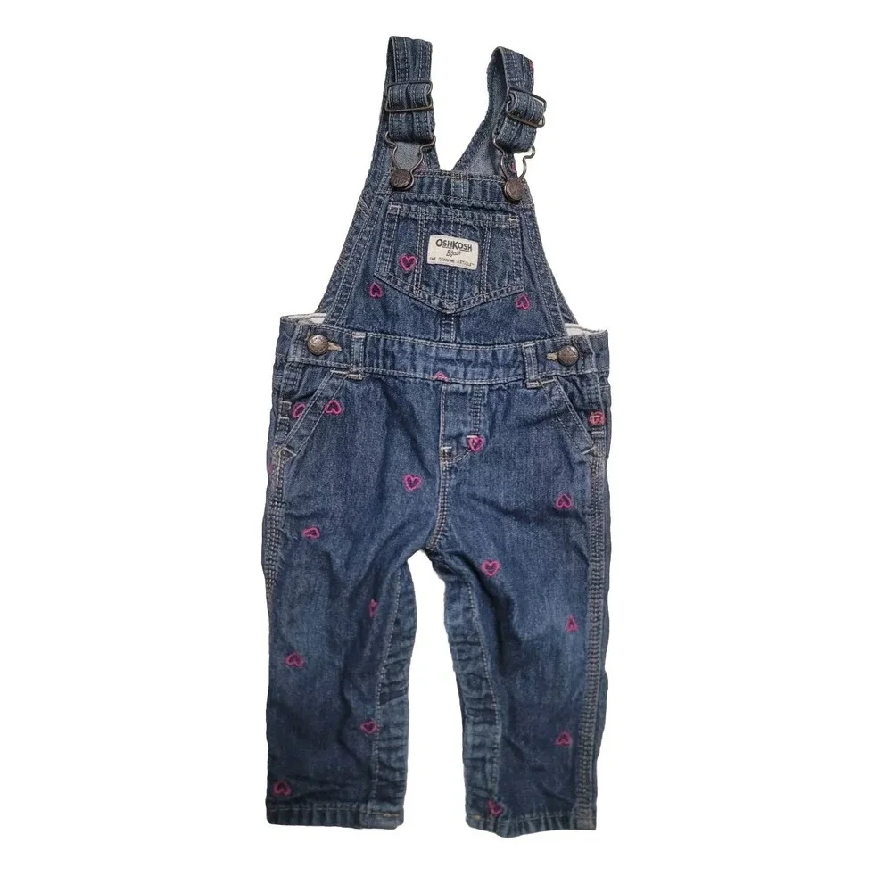 Oshkosh Overalls Vestbak Hearts Denim 9 Months Blue Denim Pants Embroidered